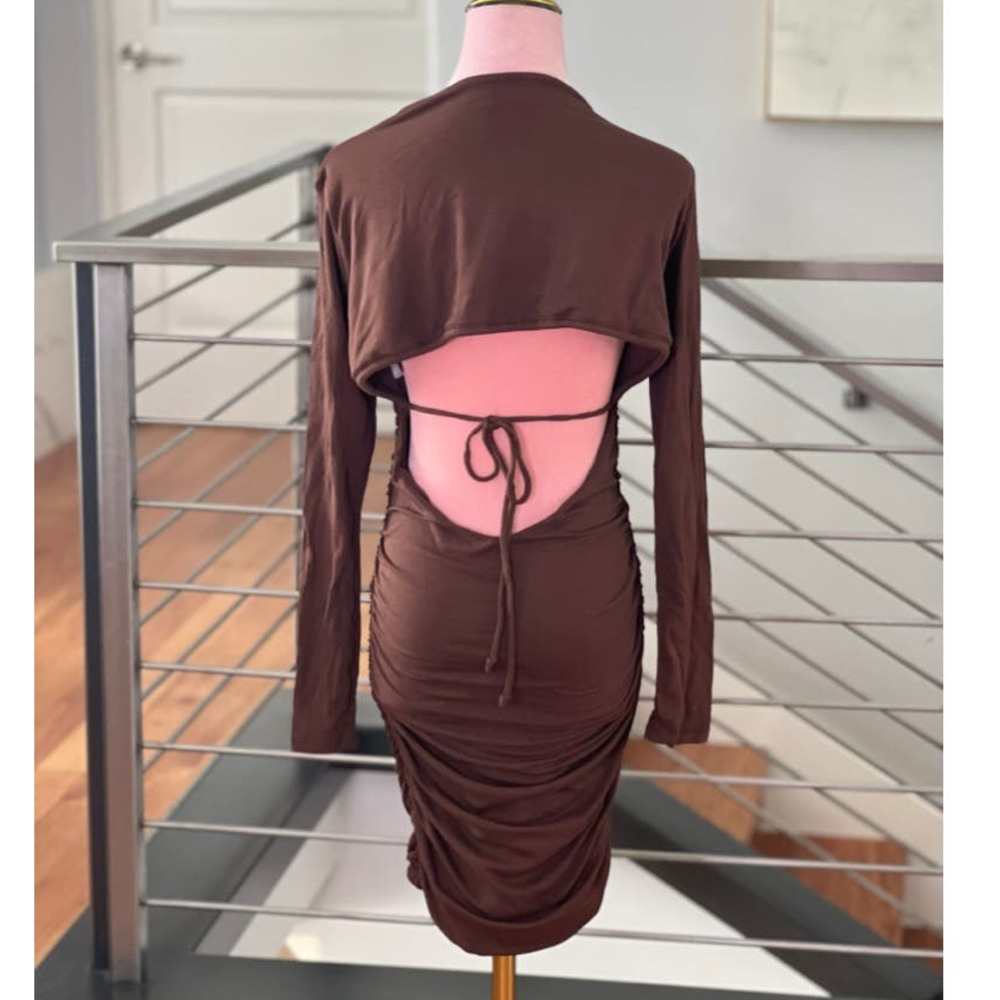 Naked Wardrobe Ruched Long Sleeve Back Cutout Mini Dress in Chocolate - Picture 2 of 11